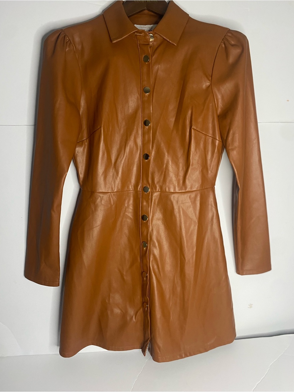 Olivaceous Cognac Faux Leather Button-Front Coat